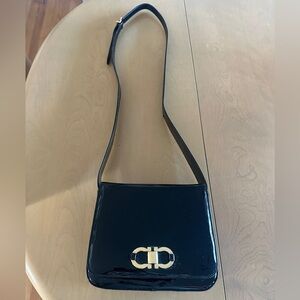 Salvatore Ferragamo black patent leather cross body hand bag
